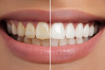 Before and after teeth whitening showcasing a bright smile and improved dental aesthetics.