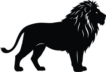 Black silhouette of majestic lion, wild animal illustration, strong mane, big cat profile, wildlife art, African safari symbol, vector design