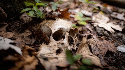 A skull lies partially buried in the forest floor, surrounded by fallen leaves as soft light filters through the trees. 