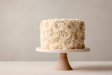 Minimalist buttercream rosette cake with precise piping on pedestal in soft light