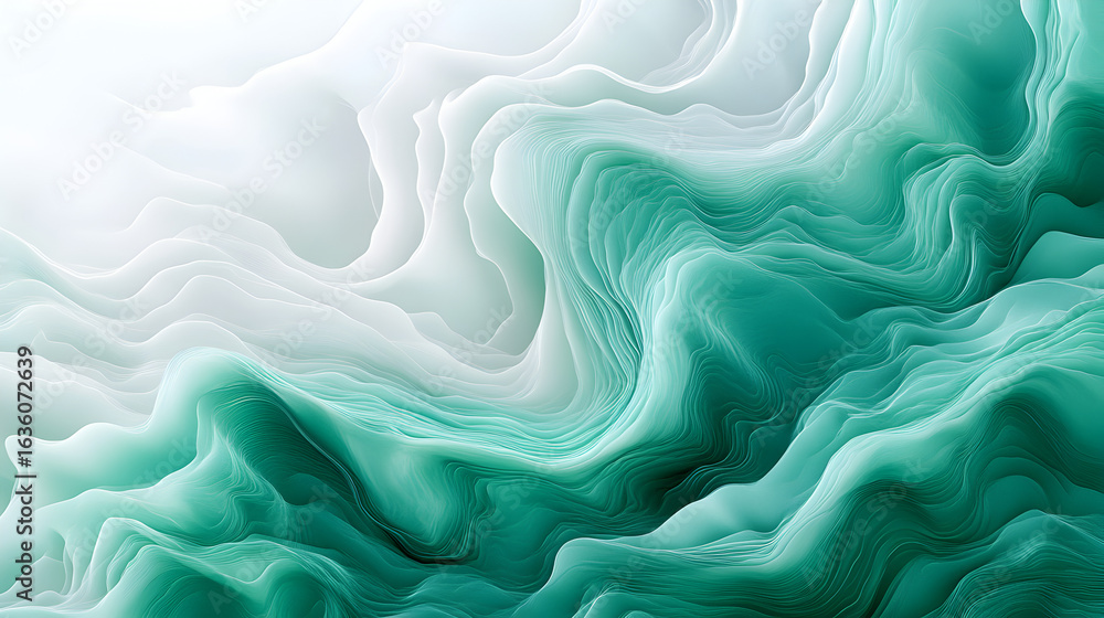 Poster abstract wallpaper featuring smooth green and white liquid color flow with intricate modern pattern,