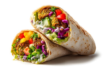 Close-up of a falafel wrap cut open showing fresh colorful vegetables on white background