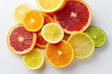 Fototapeta premium Top-down view of sliced oranges, grapefruits, lemons, and limes on white background