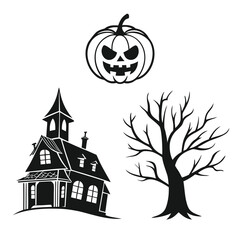 Halloween house and spooky tree vector illustration with pumpkins, bats 