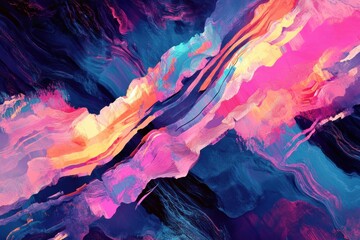 Abstract painting with pink blue and yellow colors