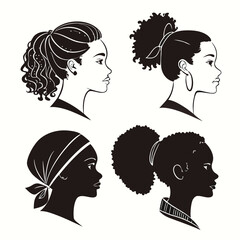 Set of women's face silhouettes in various hairstyles and profiles