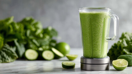 Green smoothie in a blender with fresh leafy greens and lime.