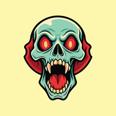 Cartoon Zombie Skull Vector Illustration with Red Eyes and Bone Structure