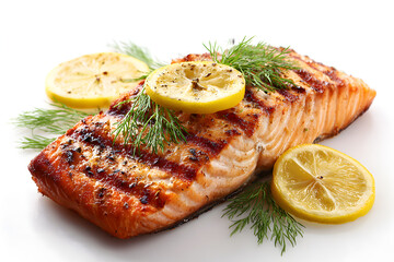 Close-up of a grilled salmon fillet garnished with lemon slices and fresh dill on white background