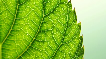 Obraz premium Macro Photograph of Green Leaf Texture and Veins on Pale Green Background