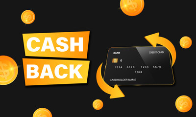 A stylish black credit card with golden coins and cashback arrows, symbolizing rewards, savings, and smart financial transactions.
