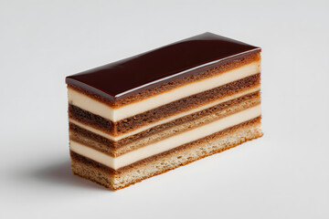 Close-up of an elegant opera cake slice with glossy glaze and precise layers on white background