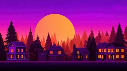 Obraz premium Vibrant sunset over a tranquil neighborhood with illuminated houses and towering pine trees in the background