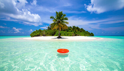Remote small tropical island with palm tree on sandy shore and floating red inflatable in calm turquoise waters under a vibrant sunny blue sky