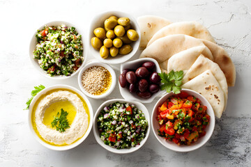 Mediterranean mezze platter with olives, tabbouleh, dips, and flatbread on white background