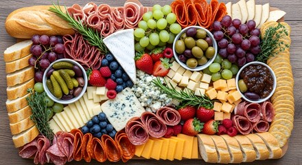 Vibrant gourmet platter overflowing with an exquisite selection of artisanal cheeses, savory cured meats, fresh fruits, and delightful accoutrements, ideal for sophisticated entertaining