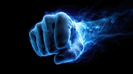 A glowing blue fist emerges from the darkness, radiating energy and strength against a black background.

