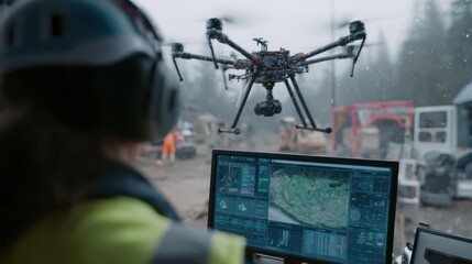 An operator monitoring a digital interface displaying live data from the drone highlighting its progress and environmental conditions as it fabricates shelter components onsite.