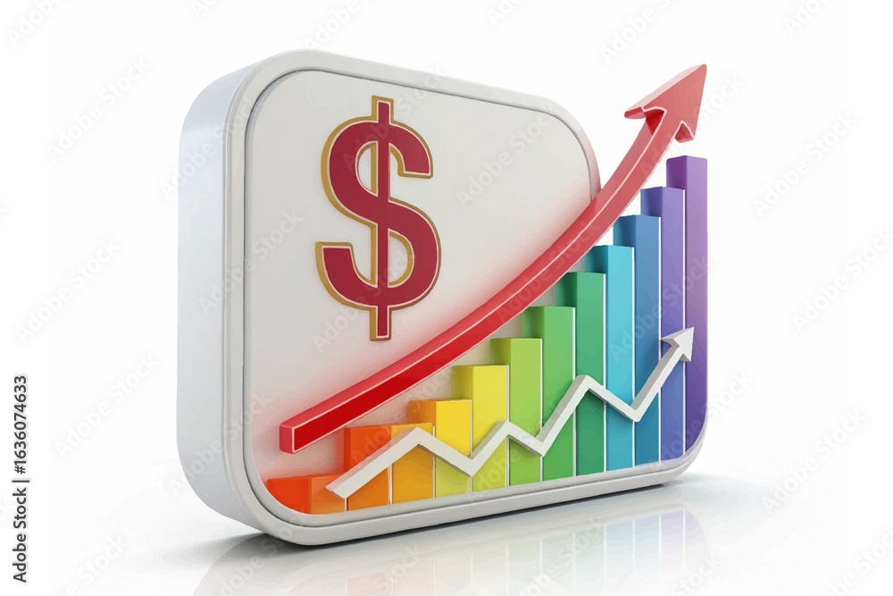 Poster 3d rendering of a financial graph with a rising red arrow and a dollar sign on a white rounded squar