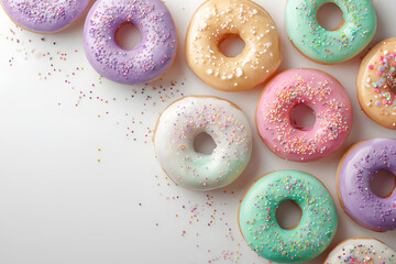 Assorted glazed donuts with colorful sprinkles arranged in a ring on white background