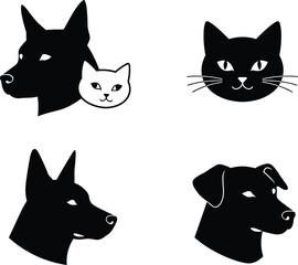 Fototapeta premium Dog and cat silhouette illustration, pet animal face icon, black and white design, domestic pets graphic, animal head vector art