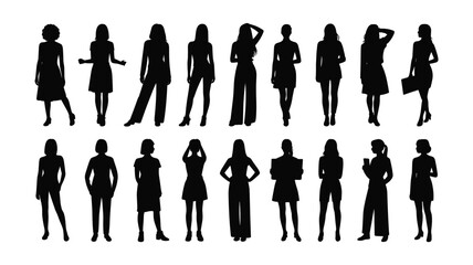 Collection of Diverse Female Silhouettes in Various Poses and Attire on White Background woman people