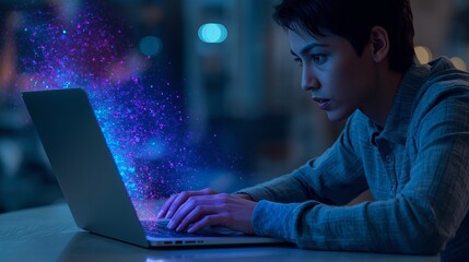 Young man focused on laptop screen with glowing digital data streams