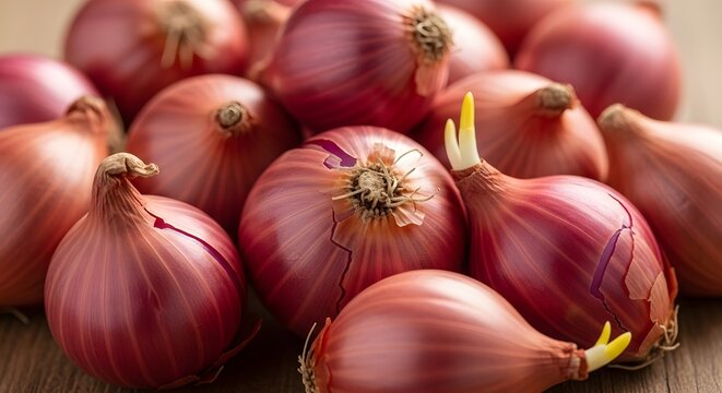 A beautiful still life of fresh, vibrant red onions, some beginning to sprout, symbolizing new growth and farm-to-table cooking