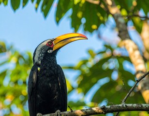 Colorful bird on branch, tropical setting