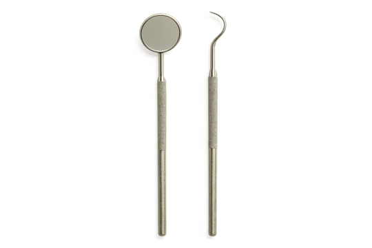Dental mirror and hook on neutral grey background in vertical position