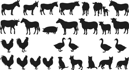 Farm animal silhouette collection with donkey, cow, pig, chicken, duck, goose, dog, cat, black vector livestock, barnyard illustration