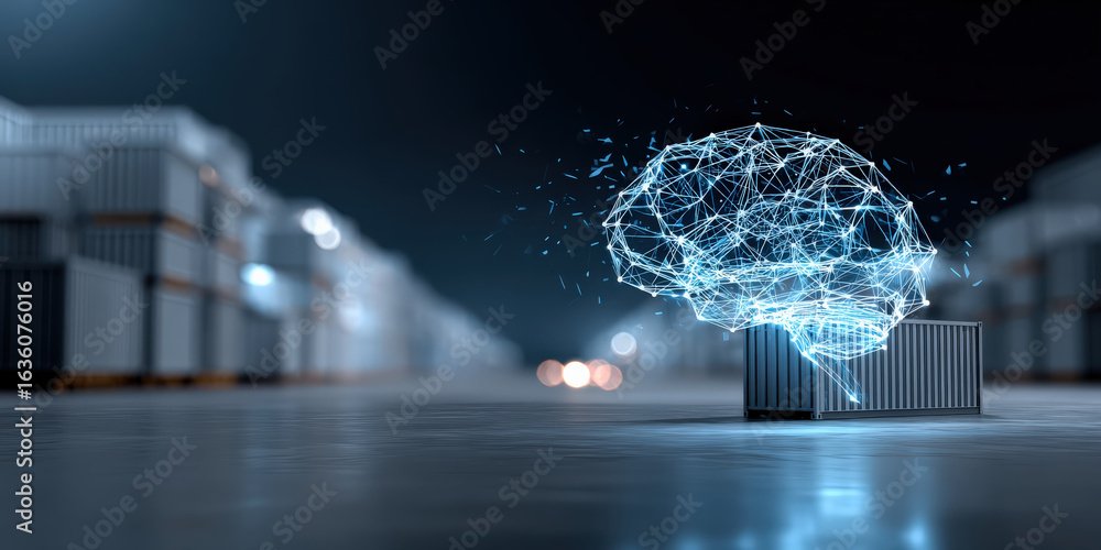 Aufkleber digital brain made of interconnected lines hovers above shipping container in futuristic warehouse, 