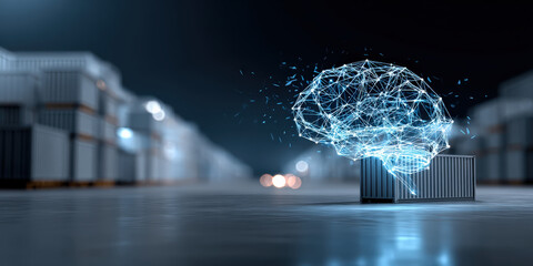Digital brain made of interconnected lines hovers above shipping container in futuristic warehouse, symbolizing integration of AI in supply chain management