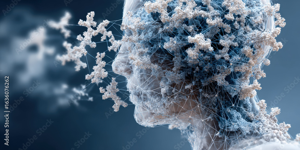 Poster digital representation of human head composed of interconnected molecular structures symbolizes comp