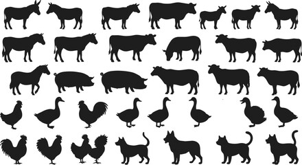 Farm animal silhouette set with donkey, cow, pig, chicken, duck, goose, dog, cat, black vector design, livestock illustration