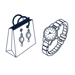 Shopping bag vector illustration icon design with a clock sign symbol