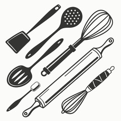 Set of kitchen utensils, including fork, spoon, spatula, and knife, isolated on a white background