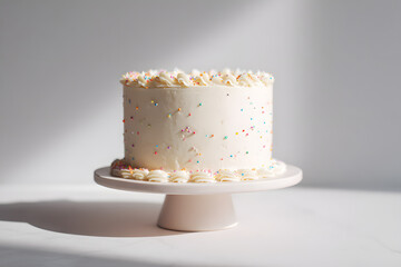 Minimalist vanilla birthday cake with smooth frosting and confetti accents on white background