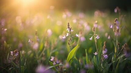Soft focus meadow with delicate wildflowers and warm golden hour sunlight