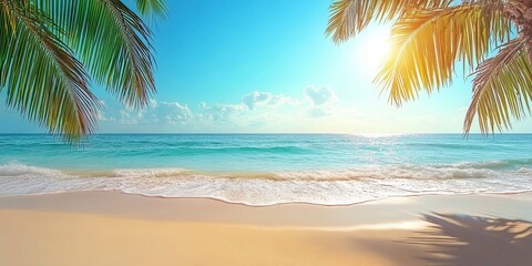 Fototapeta premium Serene Tropical Beach Paradise with Palm Trees, Warm Sunset, and Gentle Ocean Waves in Summer