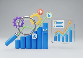 Financial growth analysis with magnifying glass and data charts