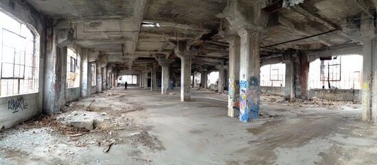 Abandoned Industrial Building Interior With Graffiti And Decay