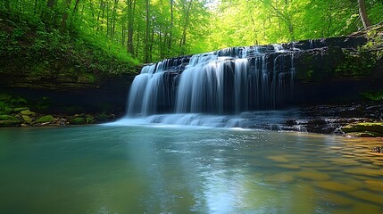 Flowing water cascades over rocks in a tranquil forest setting during bright daylight