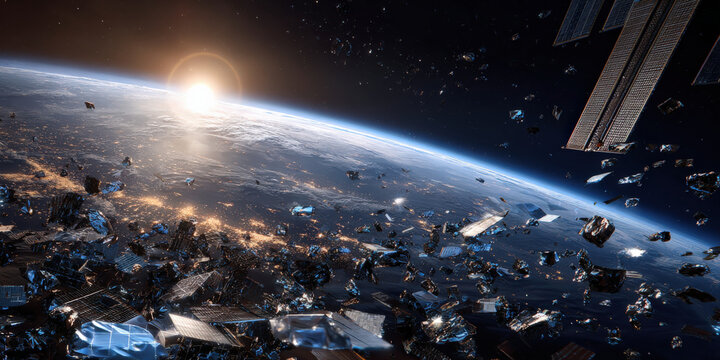 Space debris orbits Earth as sun rises, highlighting vast expanse of space and challenges of debris mitigation. scene captures beauty and complexity of space exploration