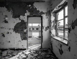 Obraz premium Abandoned Interior Grayscale Room With Broken Wall And Door
