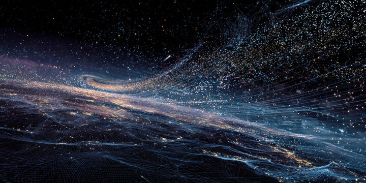 Mesmerizing digital illustration of space debris swirling in cosmic landscape, showcasing dynamic interplay of light and motion. scene evokes sense of wonder and vastness of universe