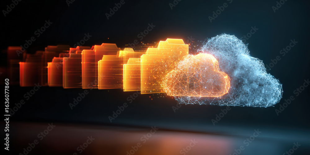 Poster digital representation of cloud storage with glowing folders and wireframe cloud symbolizes data bac