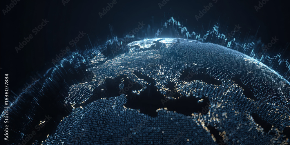 Poster digital representation of earth with illuminated data points and fluctuating graphs symbolizes globa