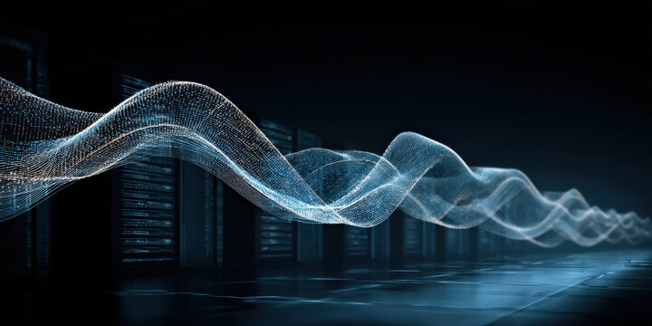 Digital wave of data flows through futuristic server room, illustrating cloud computing latency. glowing blue lines represent data transmission, creating sense of speed and connectivity