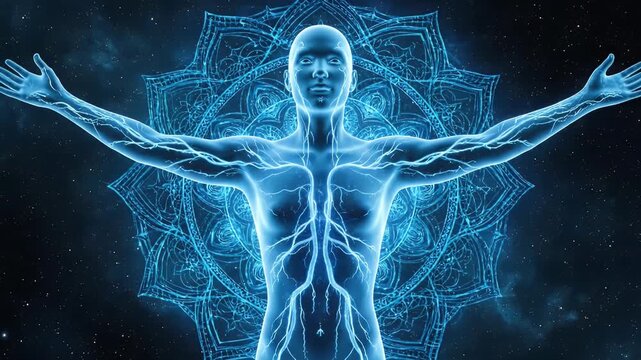 Ethereal Human Energy Body in Cosmic Space with Glowing Mandala Background Conceptual Visualization of Spiritual Awakening Inner Self Consciousness and Universal
